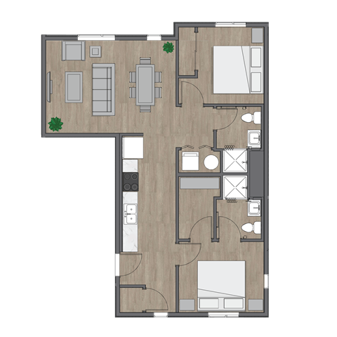 Floor plan for 2 beds, 2 baths, 856 sqft